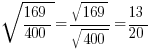 sqrt{169/400}=sqrt{169}/sqrt{400}=13/20